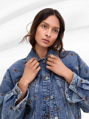 Avec Les Filles Horse Embroidered Ombre Oversized Denim Jacket Size XL